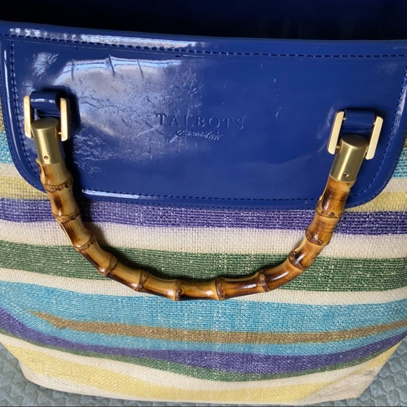 Talbots Woven/Striped tote bag w/bamboo handles - Picture 2 of 11